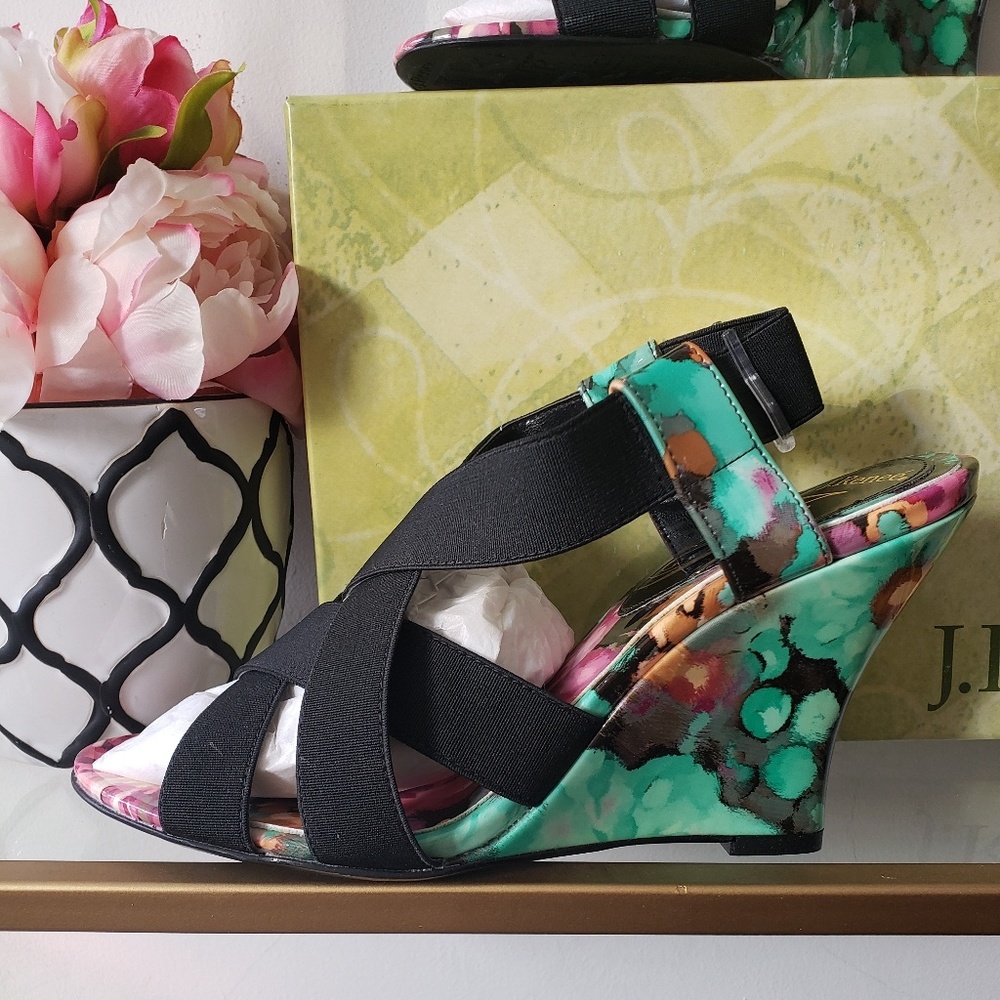 New J. Renee Floral Elastic Wedge Sandals